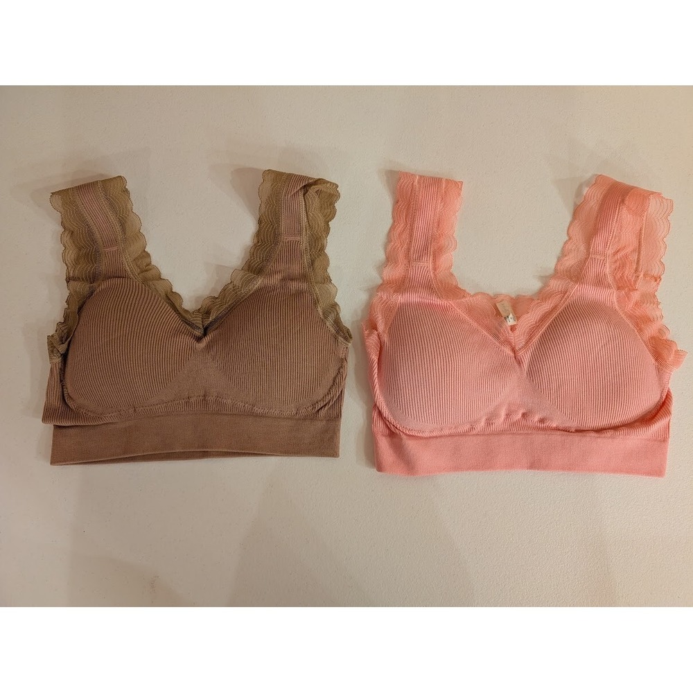 Rhonda Shear Seamless Lace Bralette Set Brown & Pink Size M Wireless Comfort - Picture 2 of 4